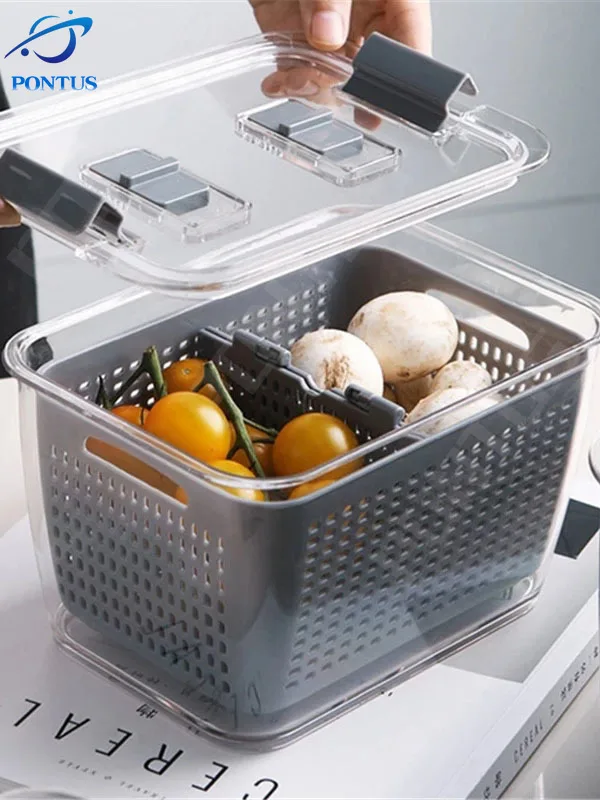 

Drain Basket Plastic Kitchen Storage Box Fruit Fresh-Keeping Box Refrigerator Mesh Sieve Storage Organizer Basket Kitchen Tool