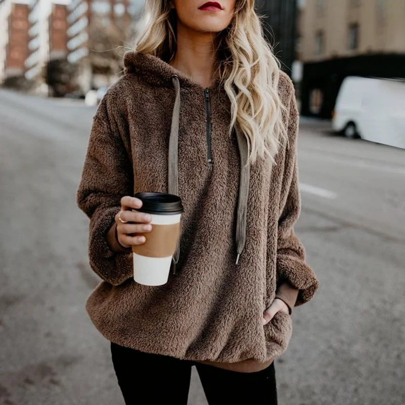 

Autumn Winter Warm Zipper Pocket Fur Coat Casual Jumper Oversized Women Fleece Hoodies Long Sleeve Hooded Pullover Sweatshirt