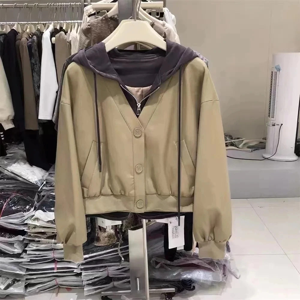 

2023 New Spring Autumn Hooded Fake Two Piece Short Leather Jackets Women's Clothing Korean Spliced Cardigan Coats Top BC515