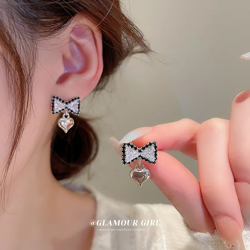 

Minar Elegant Bling Bling CZ Zircon Bowknot Earring for Women Silver Color Copper Love Heart Drop Earrings Office Career Jewelry