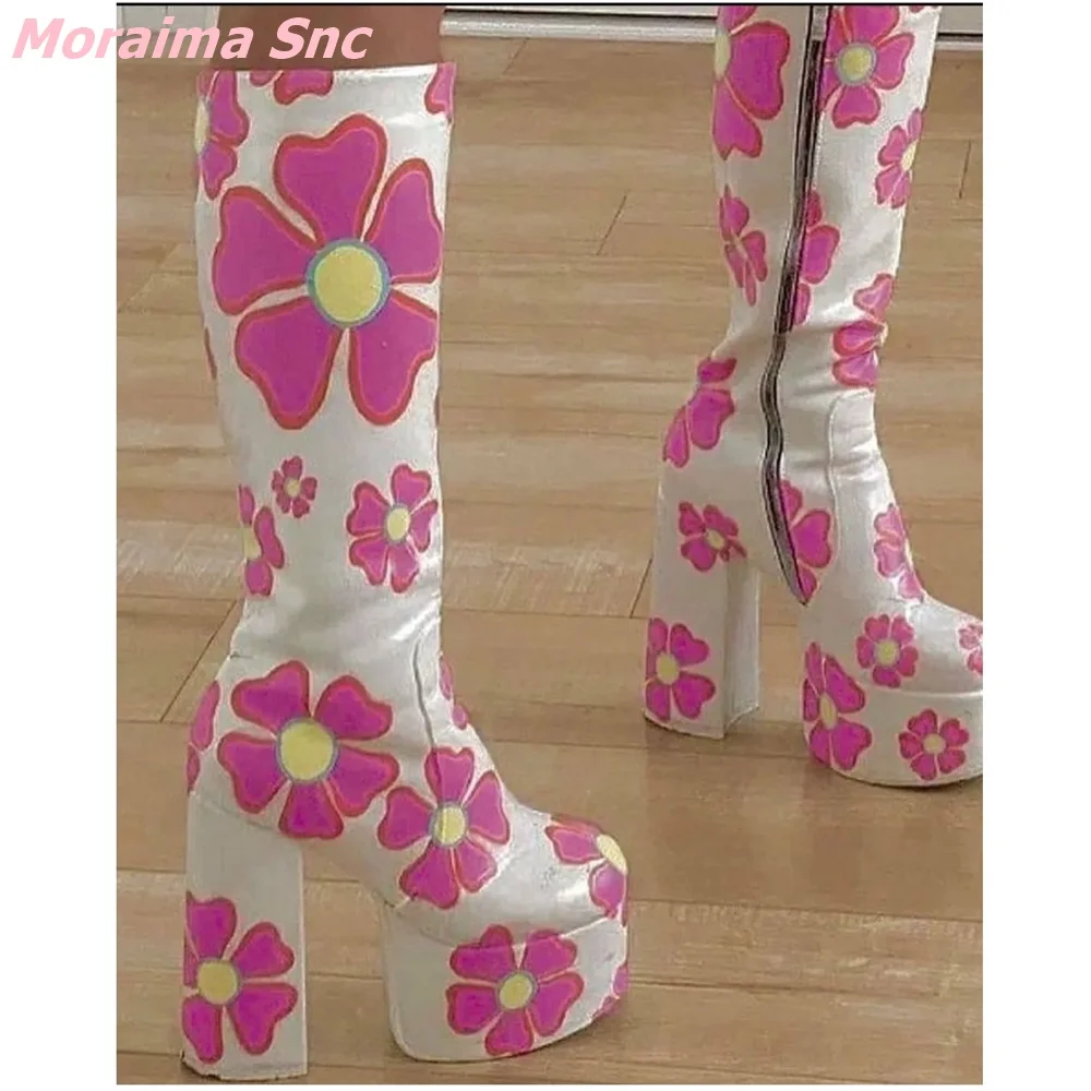 2022 Side Zipper Knee-High Boots  Square Heel Print Round Toe Spike Heels Platform Genuine Leather Fashion And Sweet