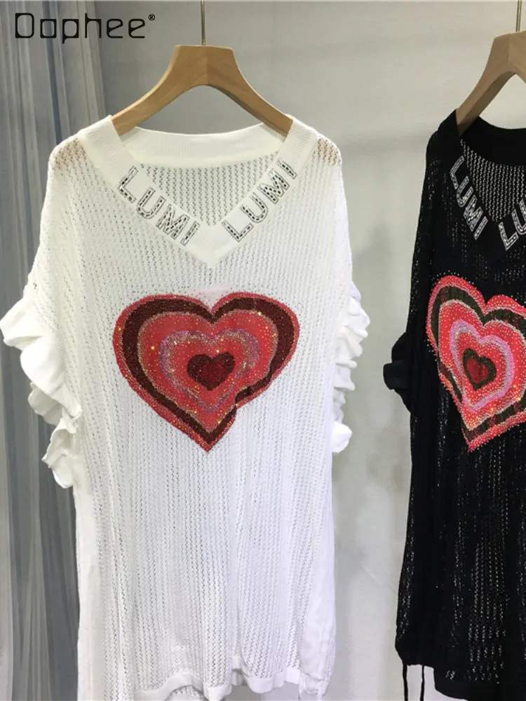 

V-neck Ruffled Short Sleeve Love Pattern Heavy Industry Letters Rhinestone T-shirt Women Summer Lightweight Openwork Knitted Top