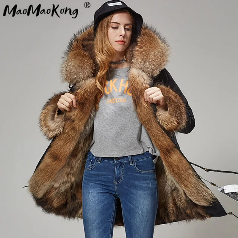 

Зимние женские меховые парки с капюшоном, водонепроницаемая куртка, Женская трендовая одежда, натуральная красочная подкладка из меха енот...