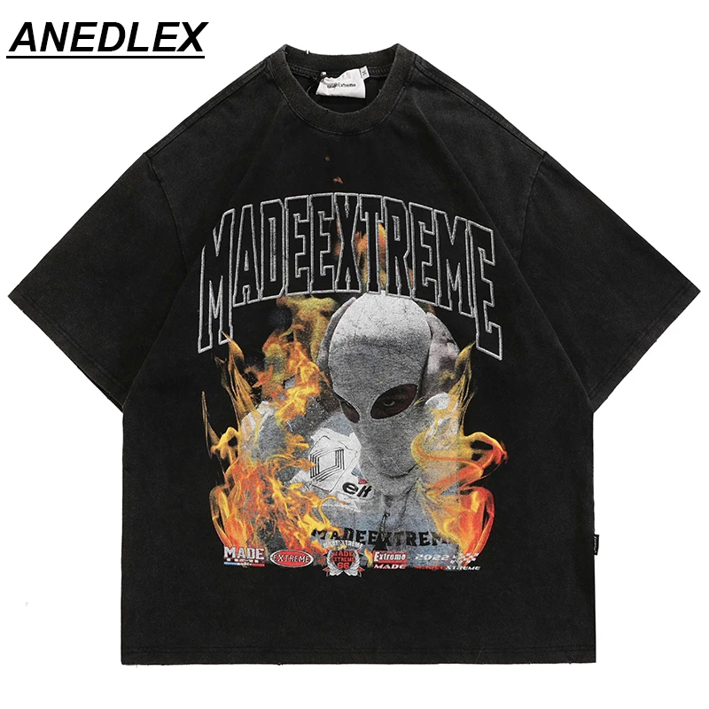 

Мужская хлопковая футболка в стиле хип-хоп, свободная футболка с коротким рукавом и принтом пламени в стиле Харадзюку, уличная одежда, лето ...
