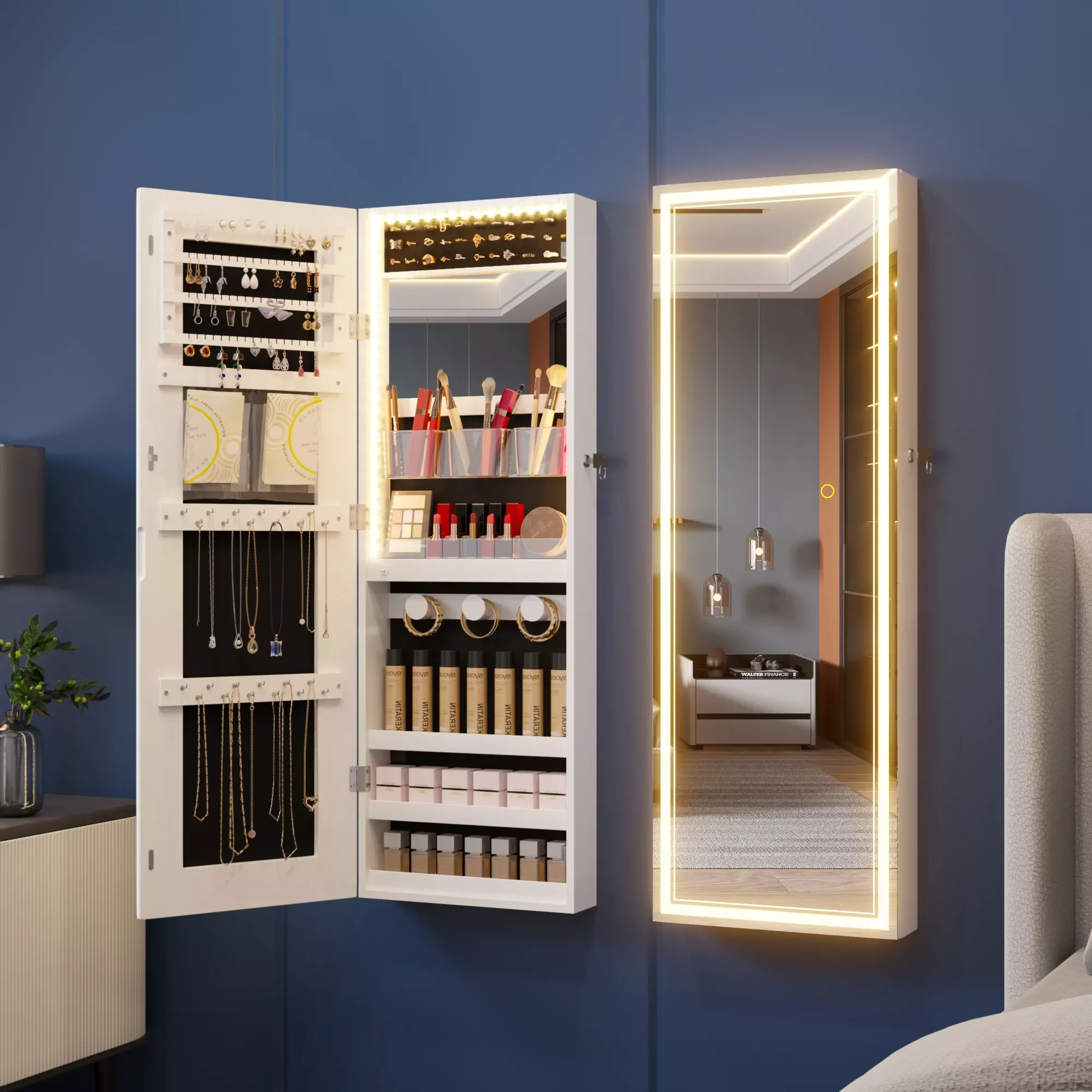 

Jewelry Storage Cabinet Dressing Mirror Cabinet LED Light Makeup Mirror Cabinet Cosmetics Storage Cabinet Living Room Decorativ