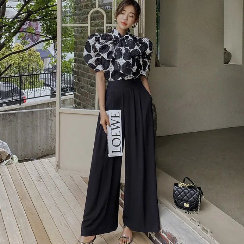 

New Fashion 2 Piece Set Summer Elegant Office Workwear Women Lace-Up Bow Dot Chiffon Shirt Top + High Waist Wide Leg Pants Suit