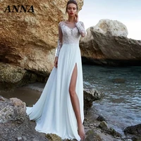 anna beauty beach o neck long sleeve appliques button chiffon a line wedding dress 2022 with split vestido de novia custom made
