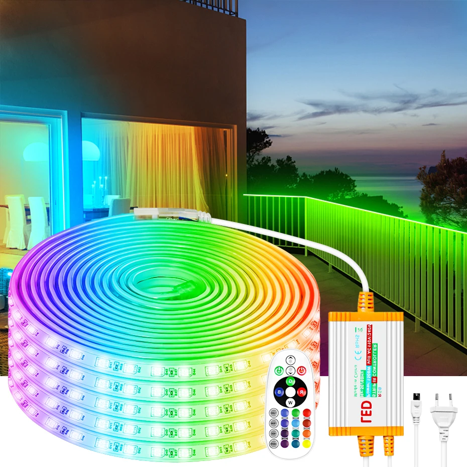 220V RGB LED Strip Light 5050 IP68 Waterproof Flexible Tape 4Pin 1500W IR Remote Control Dimmable for Outdoor Garden