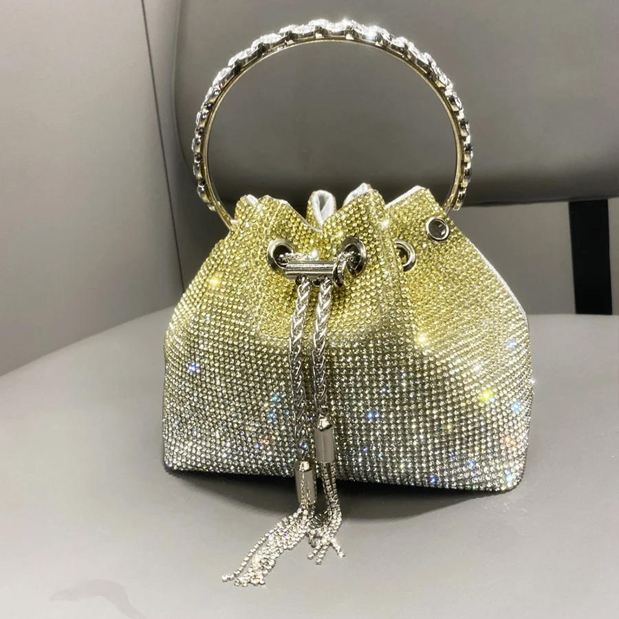 Luxury Shiny Dinner women's handbags new gradient color bucket bag tassel full diamond single shoulder crossbody bag tote bag