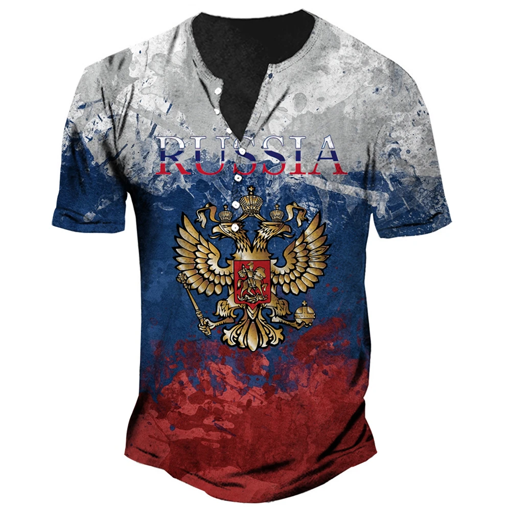 

Men's Imitation Cotton V Neck Button T Shirts Summer Streetwear Russian Flag 3D Print Loose Short Sleeve Oversized T-shirts 5XL