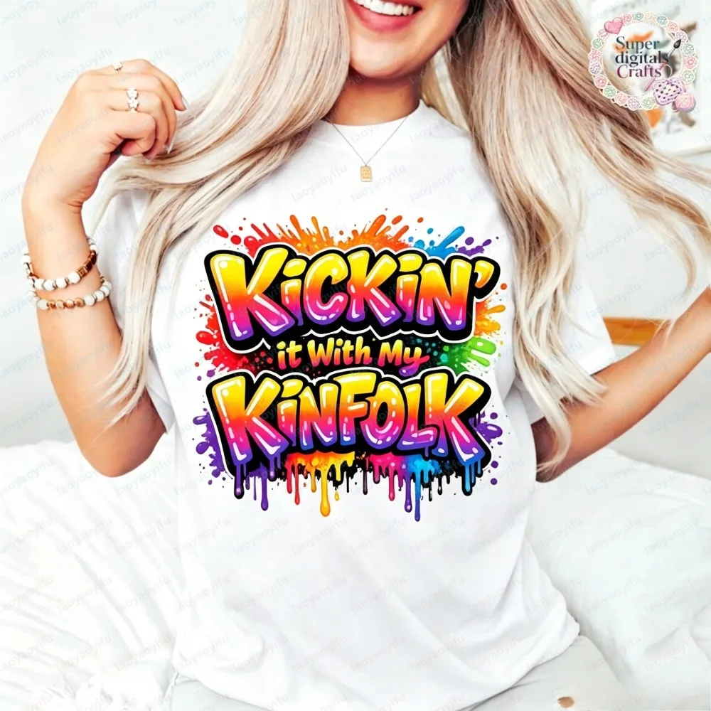 Фото Женская модная летняя футболка с коротким рукавом в стиле граффити Kickin It With My Kinfolk, красочная уличная одежда, повседневные топы №3