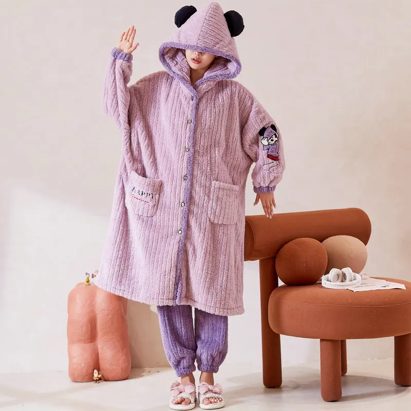 

Осень-зима 2022, теплые фланелевые женские пижамные комплекты, толстая бархатная пижама с длинным рукавом и капюшоном из кораллового бархата,...