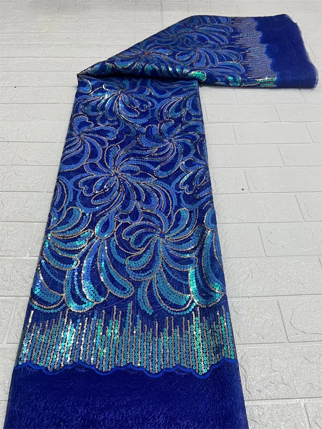 

Blue Net Embroidered Lace Double-deck Thick Bottom with Sequince Glitter African Lace Fabric 2022 High Quality 5 Yards LHDN17