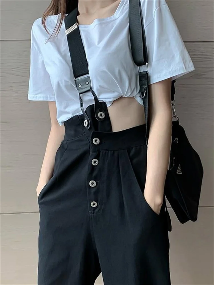 

Irregular one-shoulder denim overalls women's 2022SS straight loose unilateral messenger designer suspender buttoned punk wear