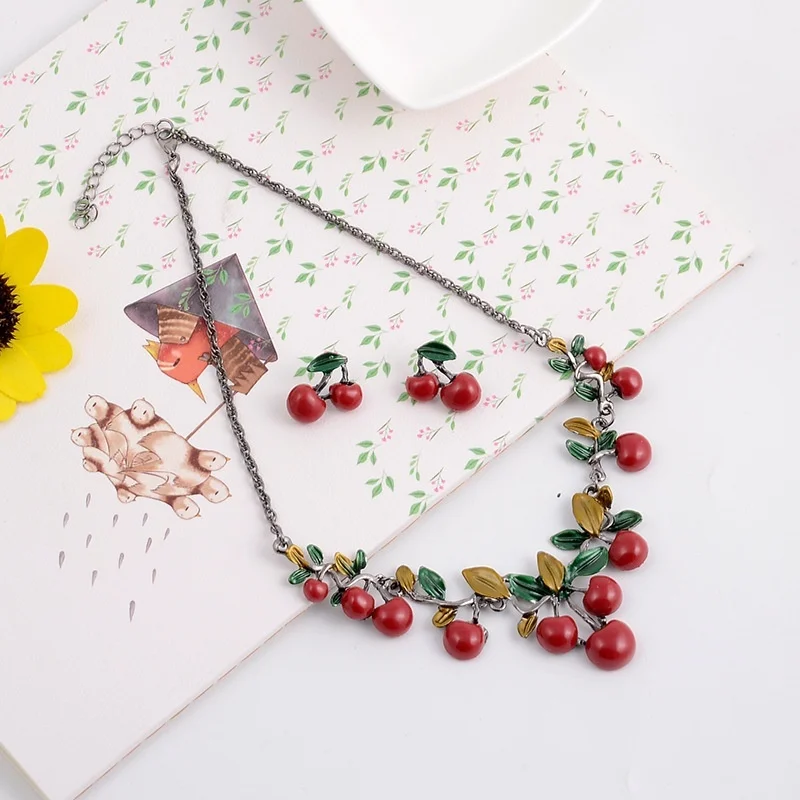 

Fashion Set of Jewelry Set Green Leaf Red Cherry Collar Necklace and Drop Earrings for Women