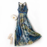 22 new fashion 8mm mulberry silk dress women high quality elegant lady summer natural fabric beach dresses blue