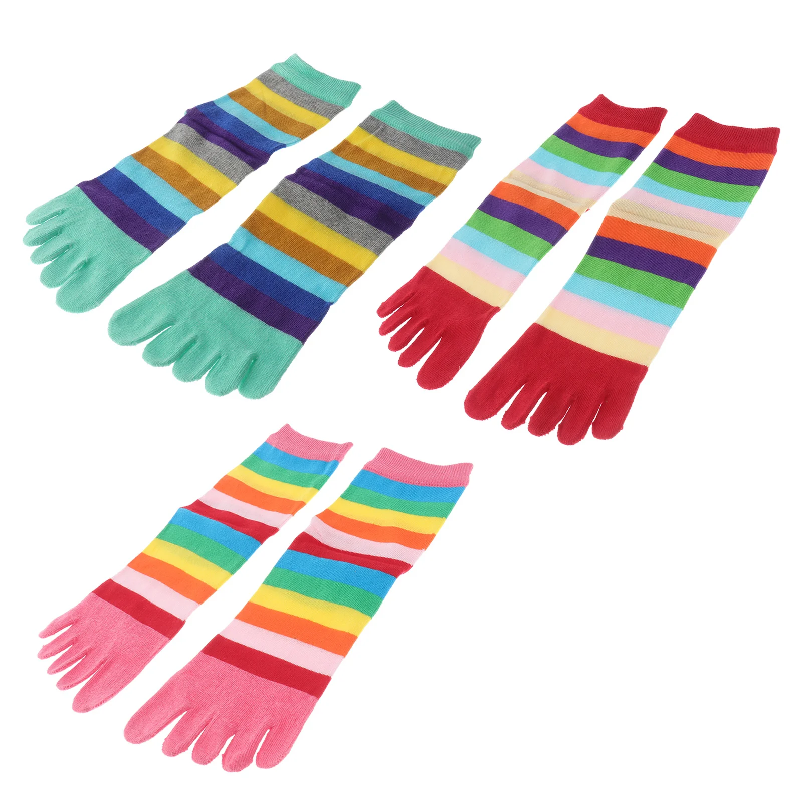 

3 Pairs Colorful Strip Cotton Five-toe Socks Sweat Absorbing Breathable Tube Toe Socks for Women Girls