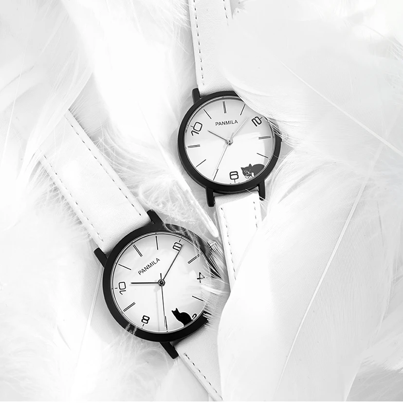 NO.2-A146 Women Big Small Dial Quartz Watches Classic White Black Cat Faux Leather Watch Men Couple Waterproof Wristwatch Clock