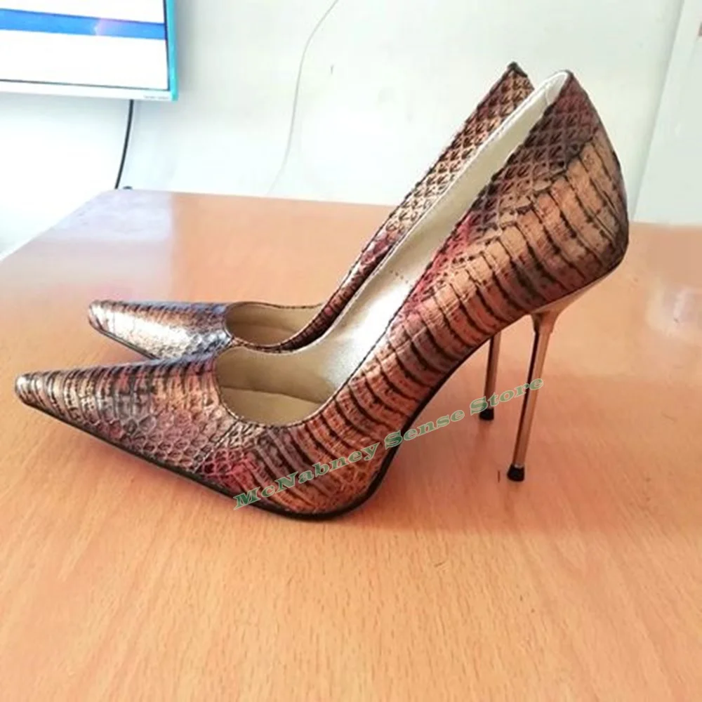 Туфли-лодочки женские со змеиным принтом заостренный носок высокий каблук