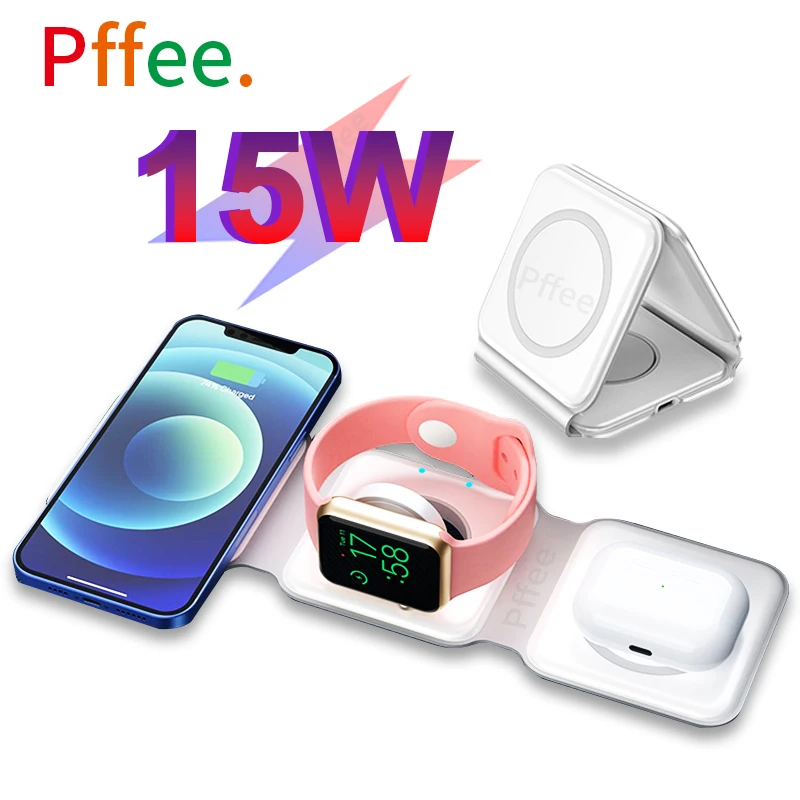 Pffee 3in1 15W Wireless Charger For Apple iPhone Watch Carregador Sem Fio Fast Charging Magnetic Dock Station For iWatch AirPods