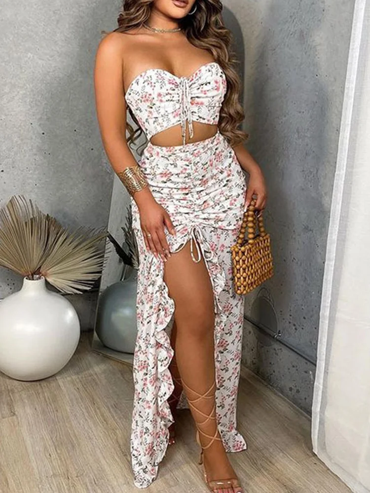 

Women Elegant Floral Printed Outfits Summer Casual Strapless Short Top And Long Skirts Suits Sexy Split Skirt Bandeau Beach Suit