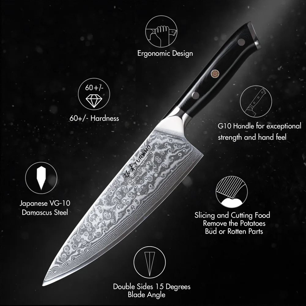 TURWHO 8" Professional Chef's Knife 67 Layer Damascus Steel VG10 Core Super Sharp Meat Cleaver Kitchen Cooking Tools