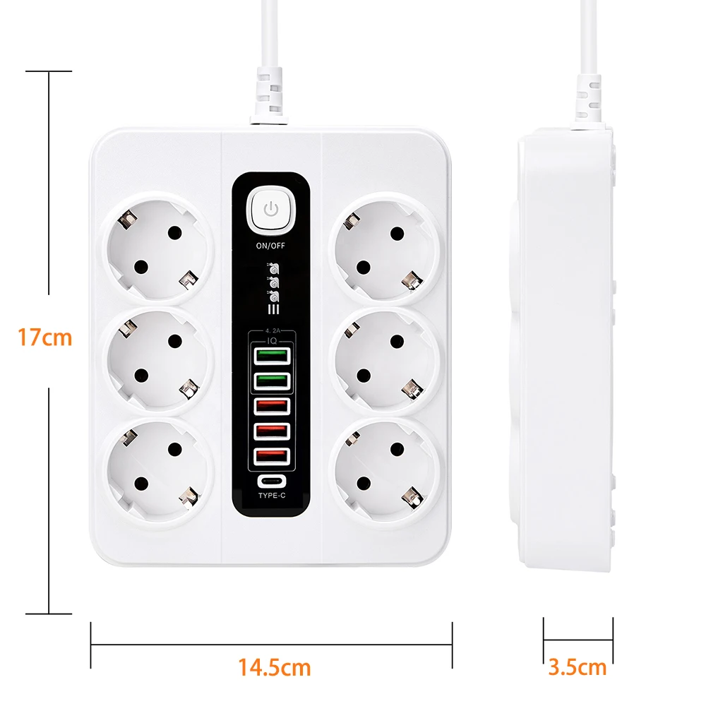 Power Strip With USB Type C Extension Socket With Overload protection for Home Office 3000W EU Plug Adapter 2M Extension Cable