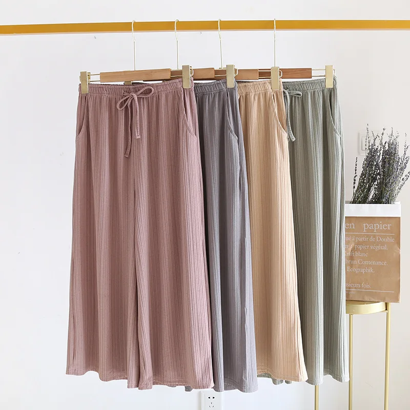 

Однотонные вязаные штаны большого размера, одежда для сна, женская тонкая летняя Пижама с широкими штанинами и резьбой длиной до щиколотки