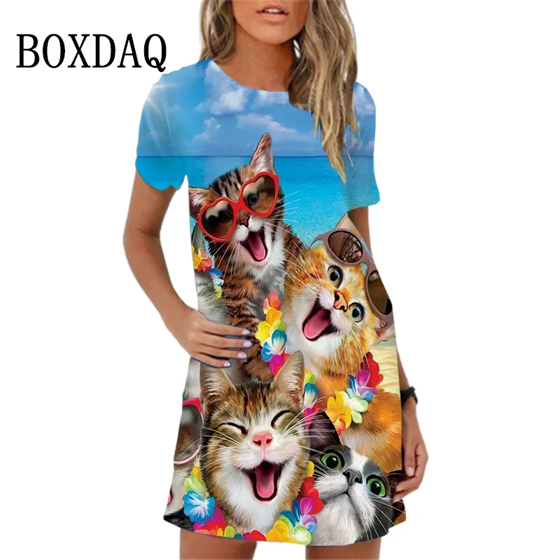 

2023 Summer Women's Dress Funny Cat Print O-Neck Short Sleeve Loose Mini Dresses Casual Female Sweet A-Line Sundress Vestidos