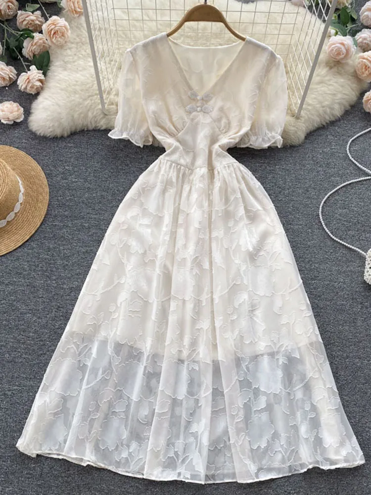 

Summer Fairy Gentle Wind Sweet Temperament Design Sense Dress Waist Slim V-Neck Puff Sleeves Jacquard Vestidos Women D1140