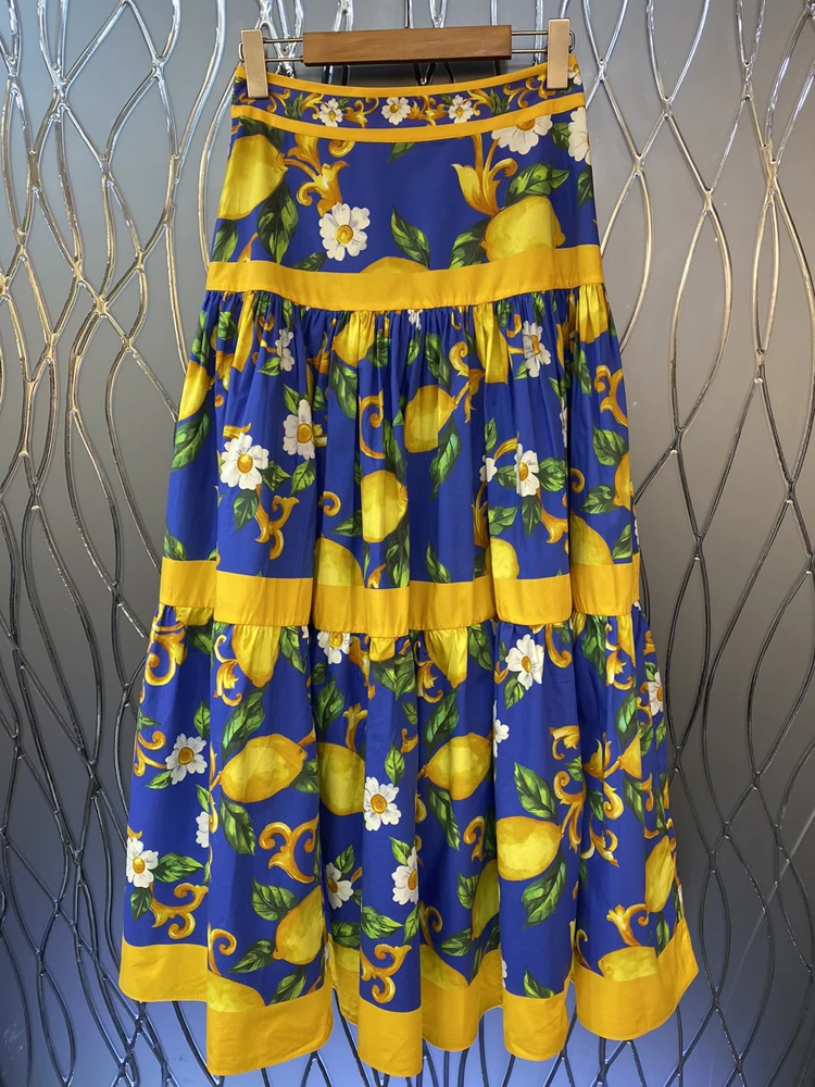 Delocah High Quality Summer Women Fashion Designer Cotton Skirts High Waist Lemon Floral Printed Big Swing A-Line Midi Skirts