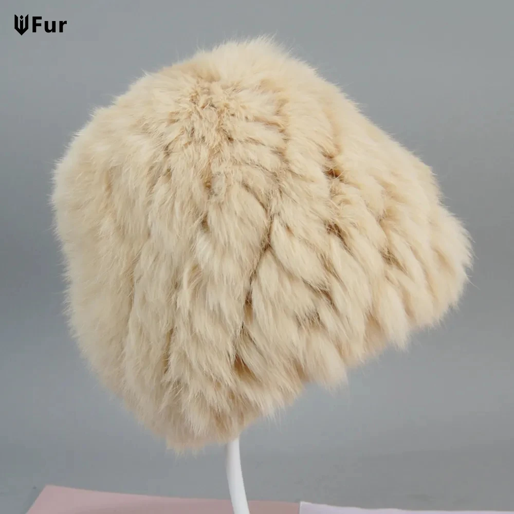 

2023 Russian Women Knitted Elasticit Real Rabbit Fur Hats Natural Warm Fur Cap Lady Winter Outdoor Real Rabbit Fur Bomber Hats