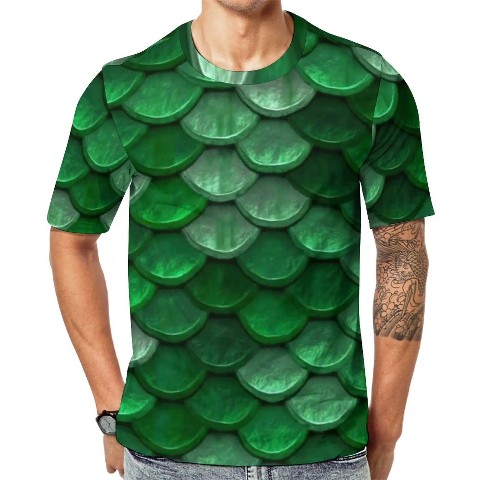 

Green Mermaid Scales T Shirt Male Metallic Colorful Funny T Shirts Summer Harajuku Tees Short Sleeves Graphic Plus Size Clothes