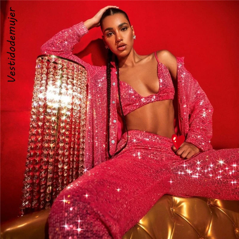 

2022 Summer Sequins Long Sleeves Trousers Suits Women Casual Loose Shirt Vest Straight Pants 3 Pieces Set Female Vacatin Outfits