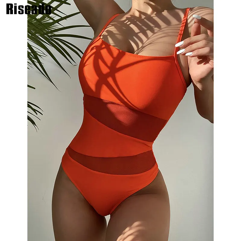 

Riseado Sexy Mesh One Piece Swimsuit 2022 New Solid Women Swimwear String Strap Bodysuit Women Push Up Monokini Summer Beachwear