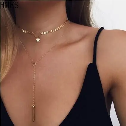 

New Fashion Jewelry Sexy Simple Summer Beach Necklace Bohemia Sequins Stars Tassels Collarbone Round Hanging Stick Neck Chain