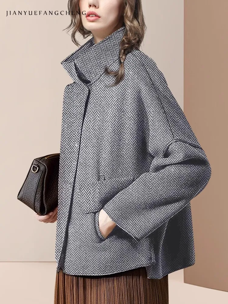 Новинка Осень-зима 2024 женская серая шерстяная ветрозащитная куртка Свободные