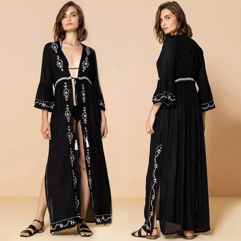 

Latter Rain Boho Black White Embroidered Sexy Beach Bikini Cover Up Summer Women Vacation Robe Belt Drawstring Maxi Dresses