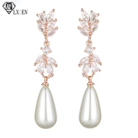 lxoen luxury water drop bridal pearl earrings for women leaf shape zirconia long dangle earring fashion jewelry