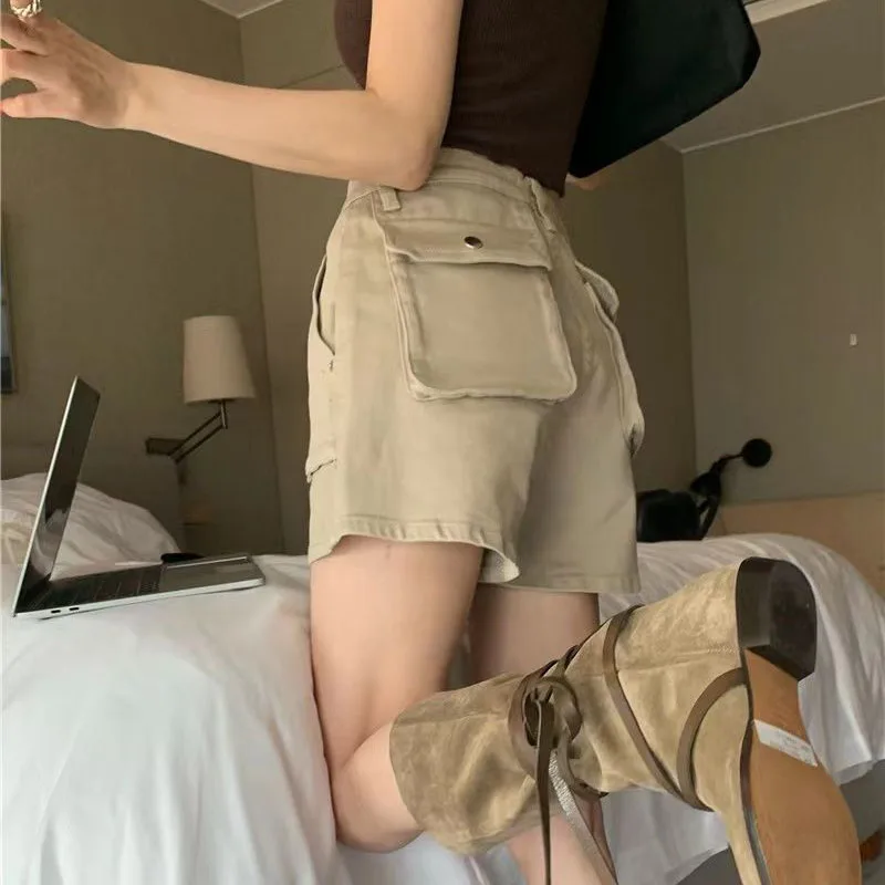 Large Pocket Cargo Denim Shorts Women Summer High Waist Shorts Slim Hot Pants High Quality Loose Straight Leg Pants Jean Shorts