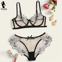 floral embroidered bra set sensual lingerie woman mesh see through lingerie set sexy underwear transparent brassiere underpants