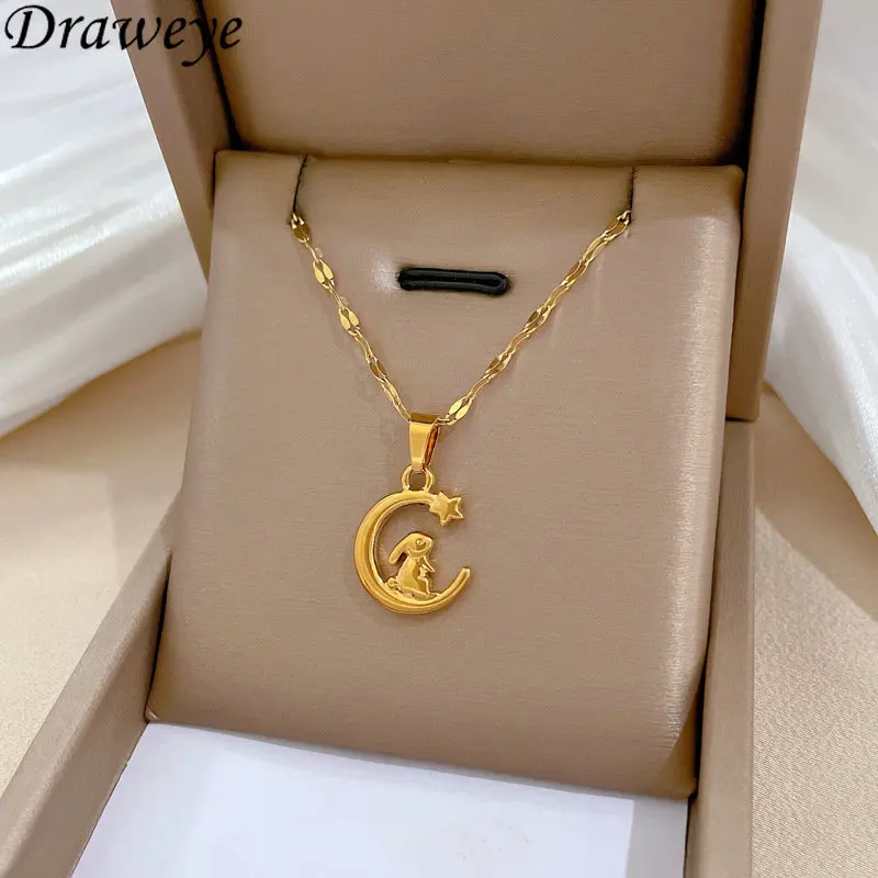 

Draweye Minimalism Jewelry for Women Moon Rabbit Elegant Gold Color Pendant Necklaces Korean Fashion Kawaii Retro Chokers