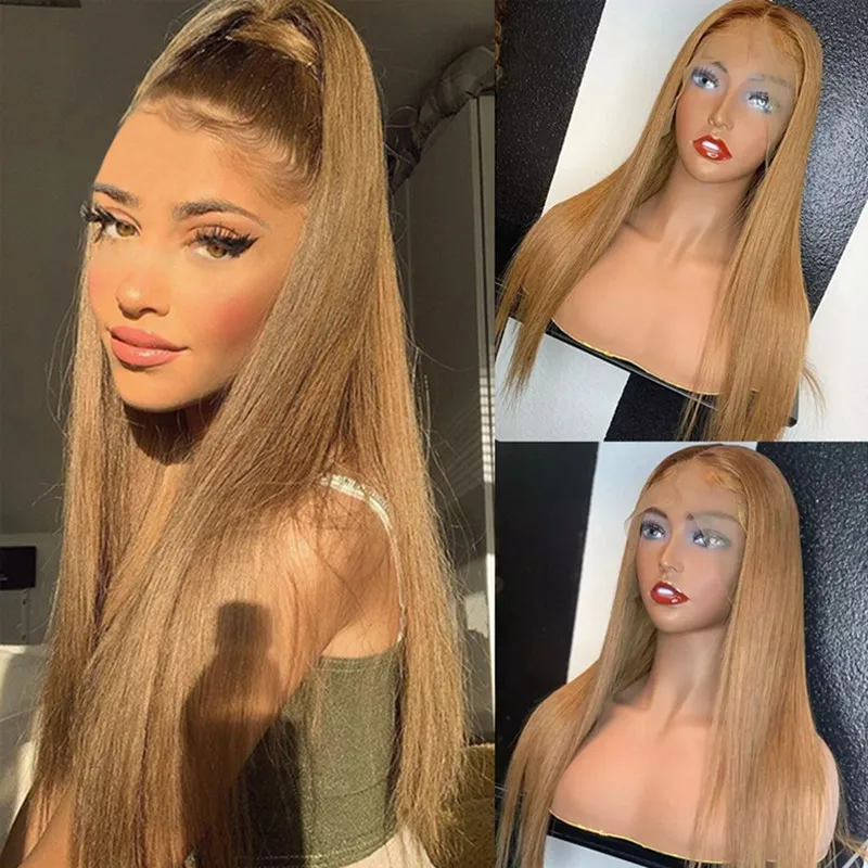 

Soft Honey Blonde Silky Straight Preplucked 26Inch 130%Density Natural Hairline Glueless Lace Front Wig For Women Babyhair