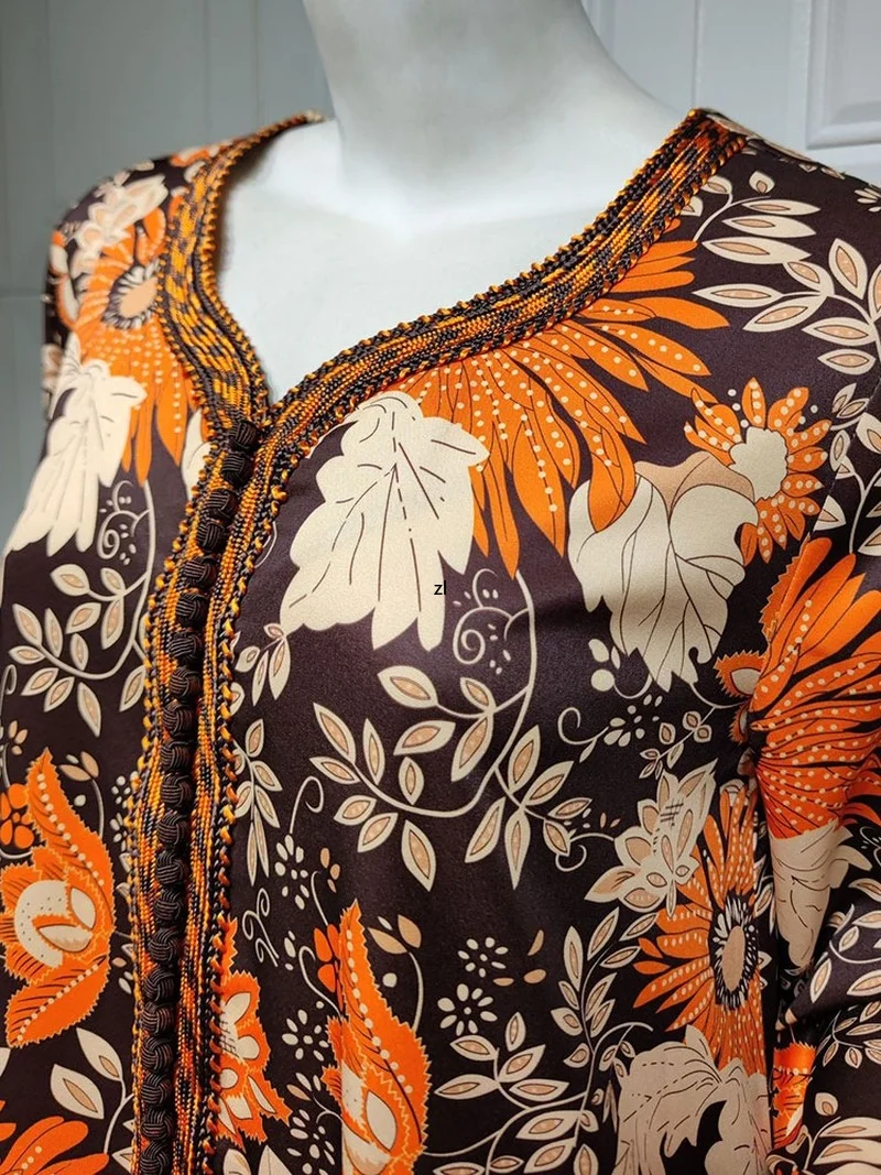 Floral Printed Jalabiya Arabic Long Dress Women Braided Trim Ethnic Moroccan Lose Caftan Muslim Islam Dubai Abaya Summer Orange