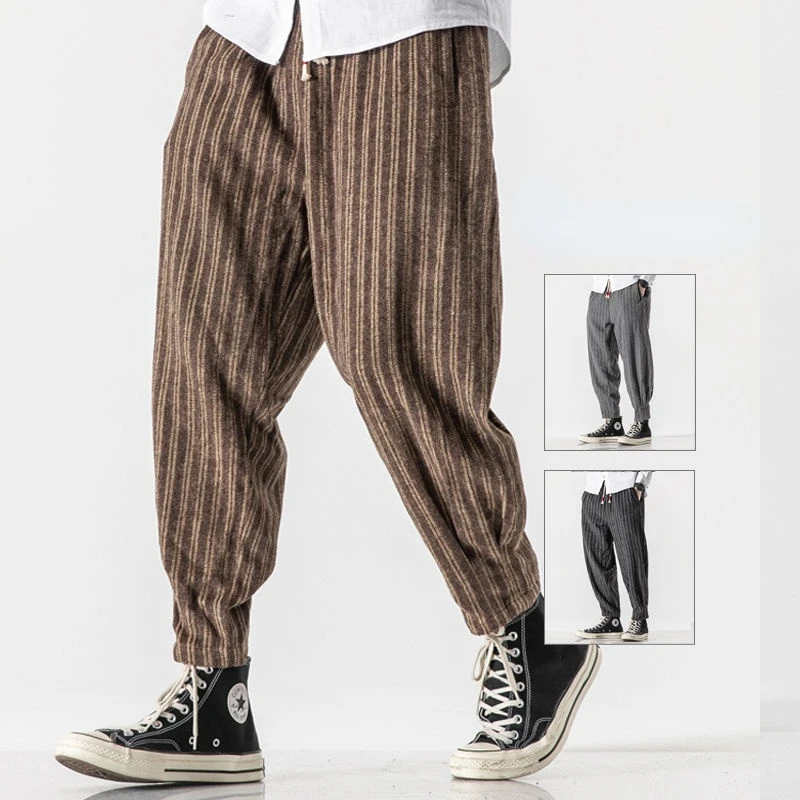 

MrGB Thicken Woolen Men's Casual Harem Pants Striped Chinses Style Jogger Trousers Loose Large Size Male Winter Pants 5XL