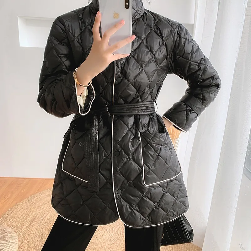 Women Winter Casual Fashion Hooded Coat Long Slim Warm Jacket Down Cotton Padded Jacket Outwear Parkas Elegant Lace Up 2021 New