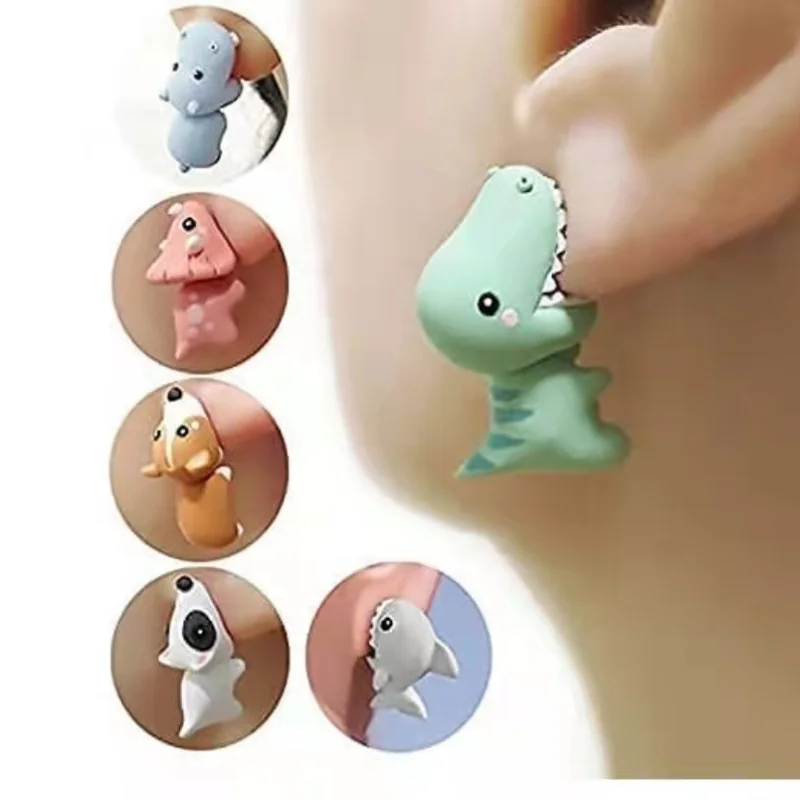 Cute Dinosaur Dog Cat Fox Piercing Ear Stud Earring Creativity Cartoon Clay Soft Animal Bite Earring Teenager Funny Gift