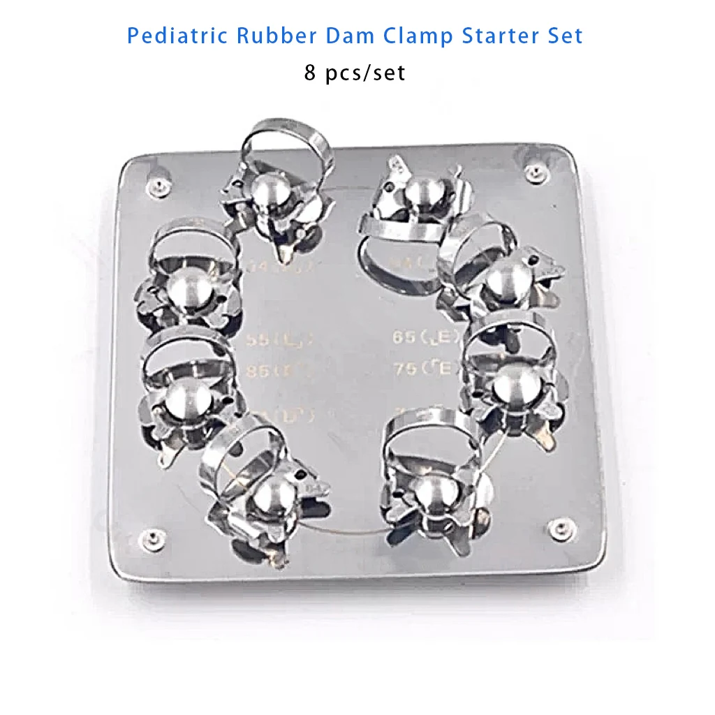Фото KSK 8Pcs/set Детские резиновые зажимы для дентальных даммаров из нержавеющей стали, анатомические зажимы для молочных зубов, инструменты для реставрации зубов у детей, инструменты для стоматологических клиник №1