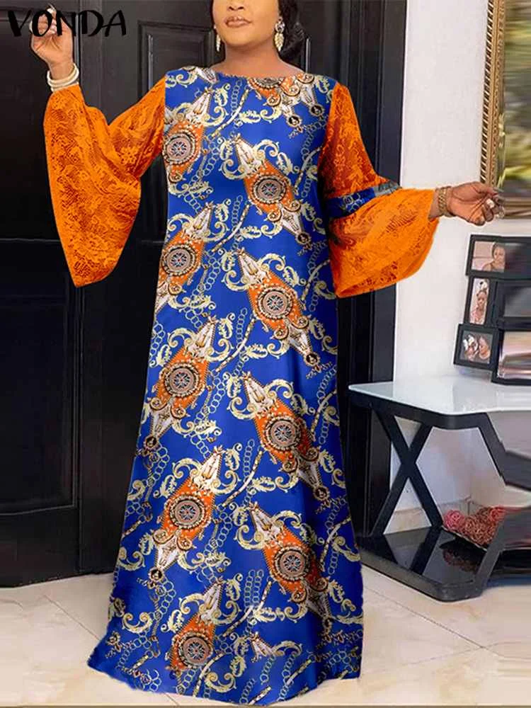 Plus Size Women 2023 Summer Printed Maxi Dress VONDA Long Flare Sleeve Patchwork Lace Party Vestidos Casual Loose Robe Femme