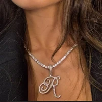 luxury cursive letter pendant cubic zirconia necklace for women bling crystal initial tennis chain necklace men hip hop jewelry